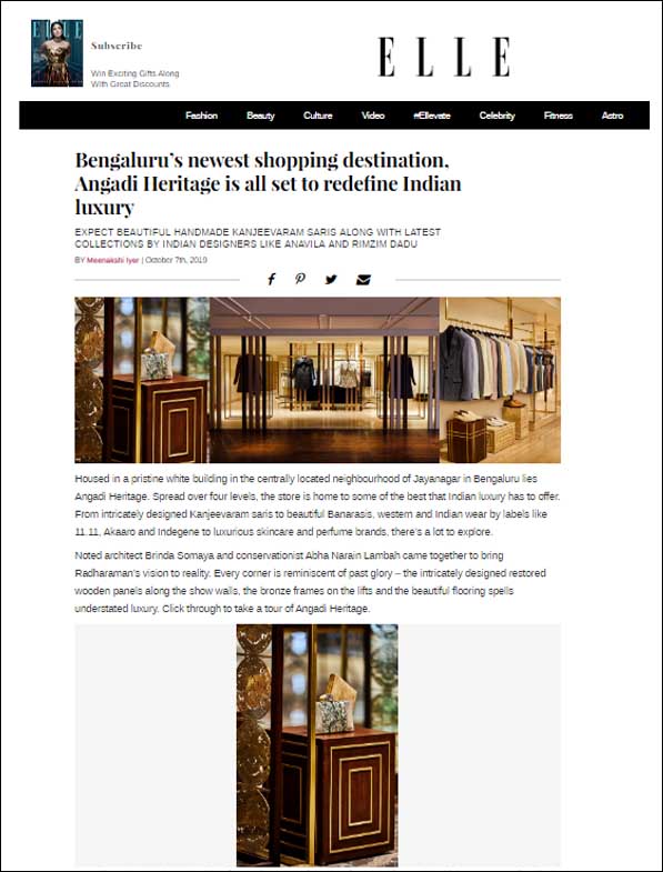 Bengaluru's newest shopping designation, Angadi Heritage is all set to redefine Indian Luxury, ELLE - October 2019